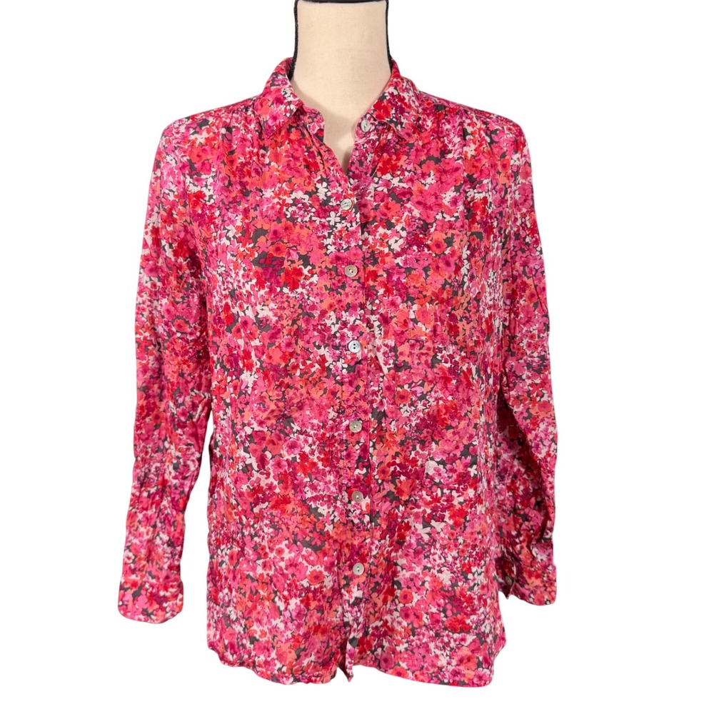 J. Jill Women's XS Pink Red Floral Cotton Button Down Shirt Long Sleeve